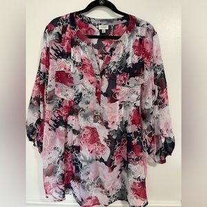 Sheer floral v-neck blouse with tie back sleeves